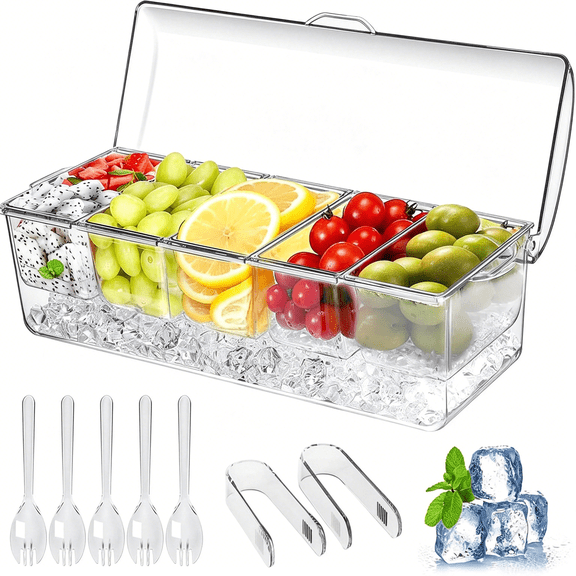 ACDANC Large Ice Chilled Condiment Caddy,Chilled Condiment Containers Server with Lids for 5 Removable Compartments,Serving Platters,Fruit & Garnish Tray for Party Supplies & Bar Accessories