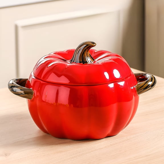 ACDANC Large Pumpkin Ceramic Soup Bowl with Lid Two Handles Creative Lard Container Anti Scald Noodle Bowl Thanksgiving Tableware Decor Soup Bowls with Handles
