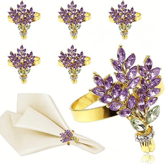ACDANC Lavender Flower Napkin Rings Set of 6 Purple Rhinestone Floral Napkin Holder for Spring Party Birthday Garden Wedding, Elegant & Romantic Table Setting for Holiday Gathering Family Daily