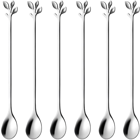 ACDANC Long Handle 7.4-Inch Leaf Teaspoons set,6 Pcs Silver Stainless Steel Coffee stirring spoon