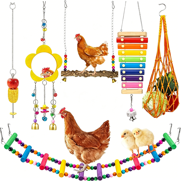 ACDANC Longer Chain Chicken Toys for Coop Accessories 7Pcs,Chicken Swing Ladder Perch Roosts,Chicken Xylophone Mirror with Bells Vegetable Fruits Hanging Chicken Feeder for Hens Bird Parrot