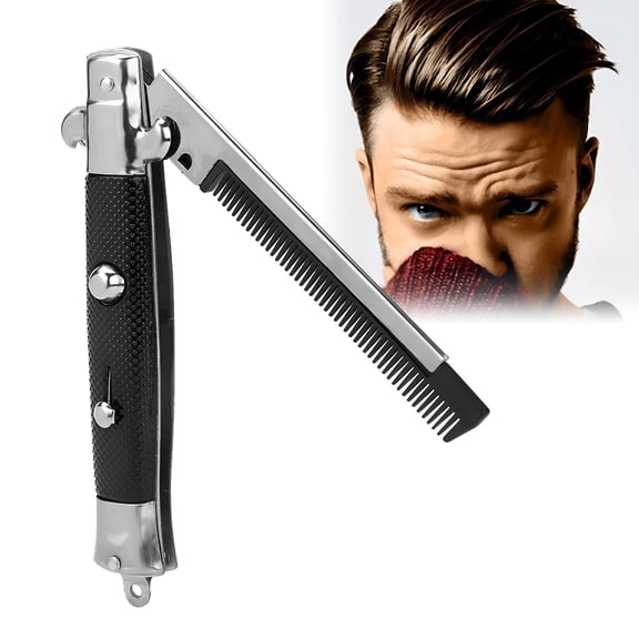ACDANC Man's Spring Pocket Oil Hair Comb Folding Knife Looking Automatic Push Button Brush for Head Hair or Beard Gift For Men