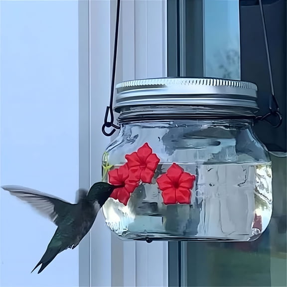 ACDANC Mason Jar Hummingbird Feeder for Outdoors Hanging, Glass Humming Bird Feeders with 3 Feeding Ports, Top Fill Leak-Proof Design Easy to Use and Clean, Silicone Flowers