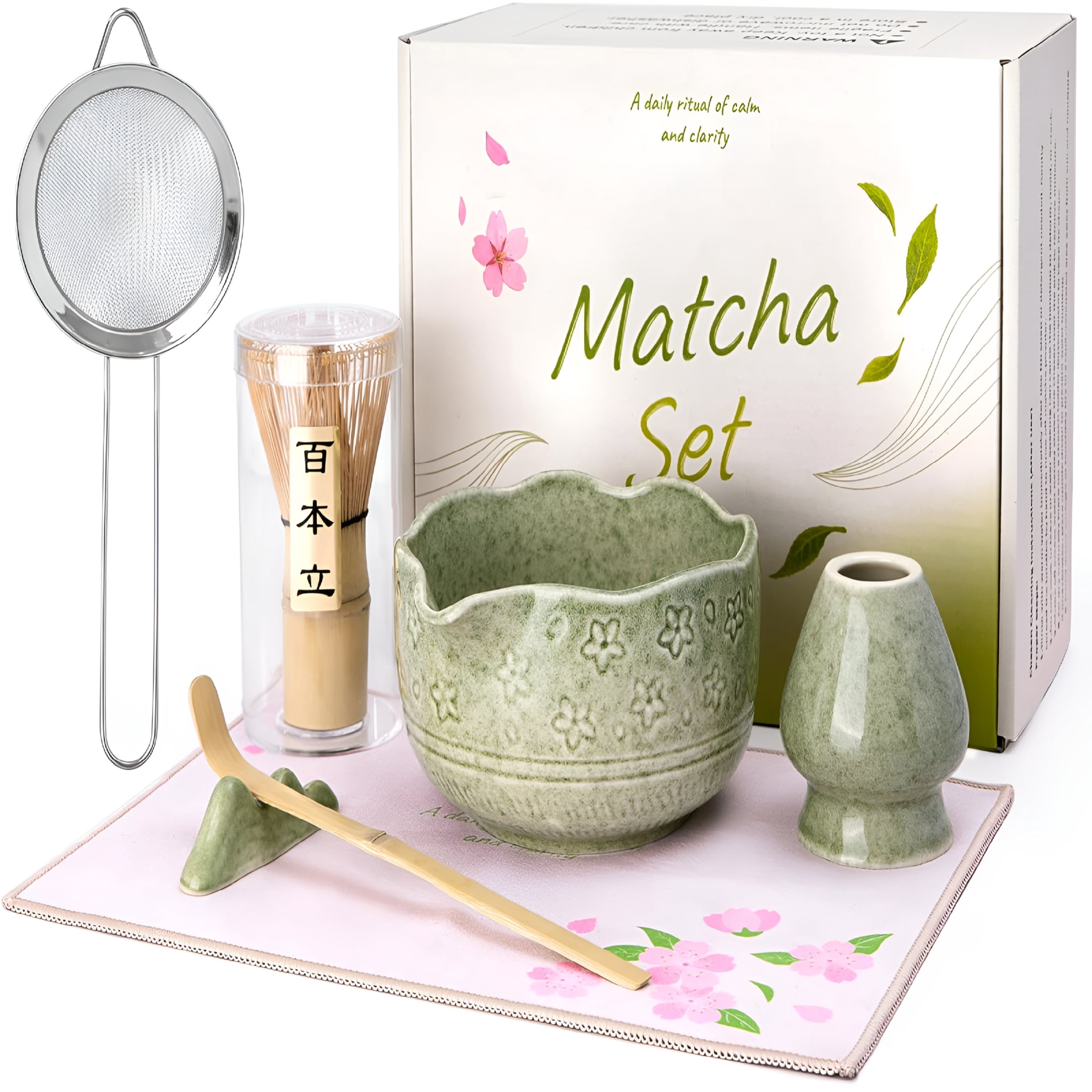 ACDANC Matcha Whisk Set-7 Pcs Ceramic Matcha Kit with 18Oz Spout Bowl&Cherry Blossom Design,Bamboo Whisk&Holder,Scoop,Rest,Sifter,Towel,Elegant Japanese Tea Gift Set