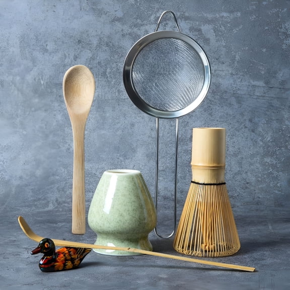 ACDANC Matcha Whisk Set,Matcha Making Kit Whisk (Chasen Holder),Ceramic Whisk Holder (Mottled Green),Bamboo Scoop,Powder Starter Sifter,Spoon Japanese Tea Tools for Ceremony Gift