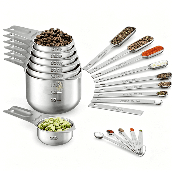 ACDANC Measuring Cups & Spoons Set of 21 - Includes 7 Stainless Steel Nesting Cups, 8 Measuring Spoons, 1 Leveler & 5 Mini Measuring Spoons, Ideal for Dry and Liquid Ingredients