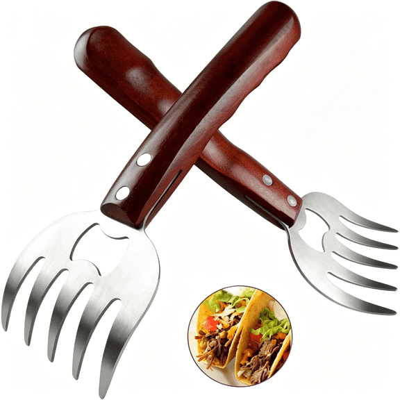 ACDANC Meat Shredding Claws Stainless Steel Pulled Pork Shredder Meat Claws for Bbq Shredding Pulling Lifting & Serving Pork Turkey Chicken with Long Wood Handle (2 Pcs)