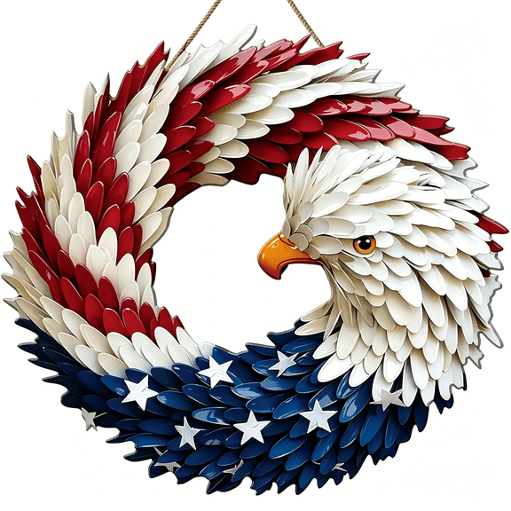 ACDANC Metal Eagle Wreath for Front Door 4Th of July Decorations Patriotic Eagle Door Hanger Sign 2D Memorial Day Anniversary Decor Outdoor Red White Blue Hanging Sign