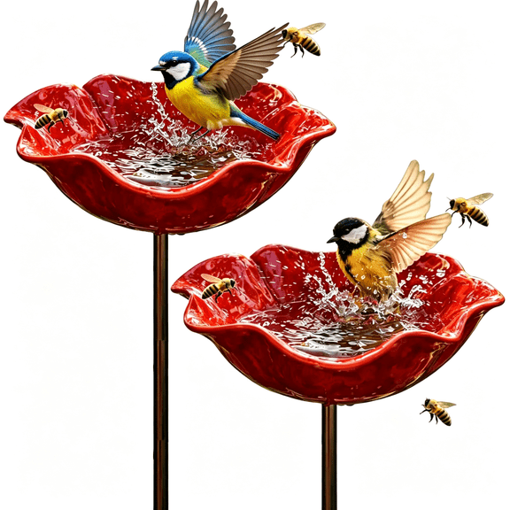 ACDANC Metal Flower Garden Stakes Bird Bath Handmade,Bee Watering Station,Bees Bath for Garden Metal Bee Water Feeder with Flower Design,Colorful Butterfly Bees Bath Bowl for Yard Decor