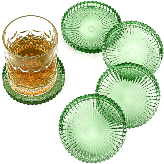 ACDANC Modern Clear Coaster Set of 5- Glass Coasters for Drinks Crystal Coasters Round Cup Coaster Coffee Table Decor for Office,Kitchen,Bar,Dining Room,Living Room,Patio(Clear Green)