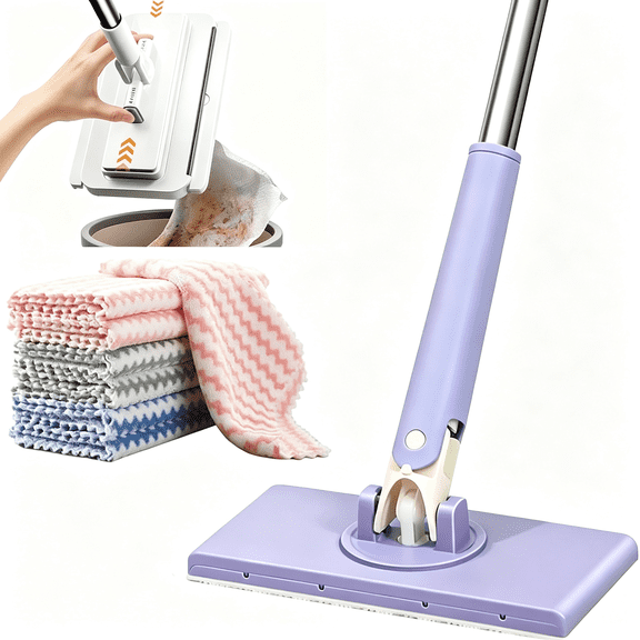 ACDANC Mop,Hands-Free Multi-Purpose Flat Mop,Snap Grip Mini Mops,With Locking Head for Washing Walls,Corners & Multi-Surface Cleaning (Purple,37In-W+ Cloth*3)