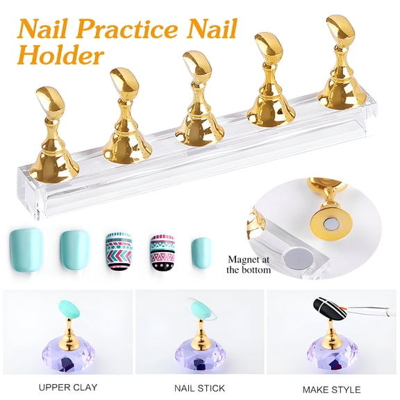 ACDANC Nail Display Stand, Nail Stand for Press on Acrylic Nails Display Practice Magnetic Fake Nail Holder for Painting Nails for False Fingernail Manicure Tool Home DIY Salon Supplies, Gold