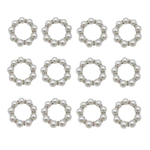 ACDANC Napkin Rings Set of 12 Pearls Round Flower Silver Rhinestone Napkin Holders for Wedding Banquet Home Party Decoration Dining Table Linen Accessory (12 Pcs)