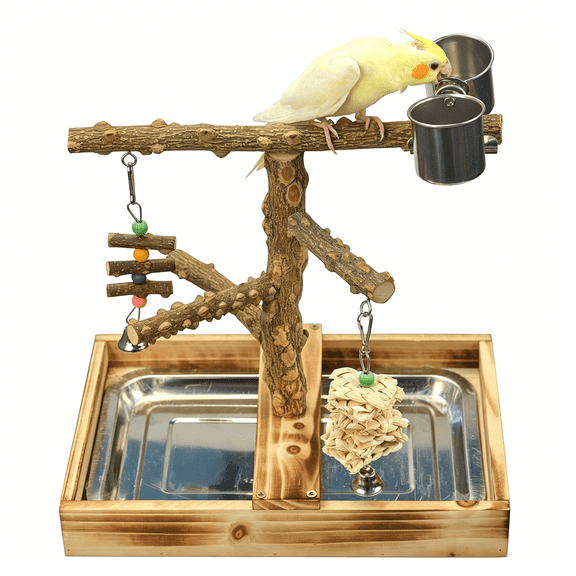ACDANC Natural Wood Bird Toys Playground,Bird Cage Accessories,Bird Perches,With Removable Tray and 2 Stainless Steel Cups,Bird Toys for Parakeets