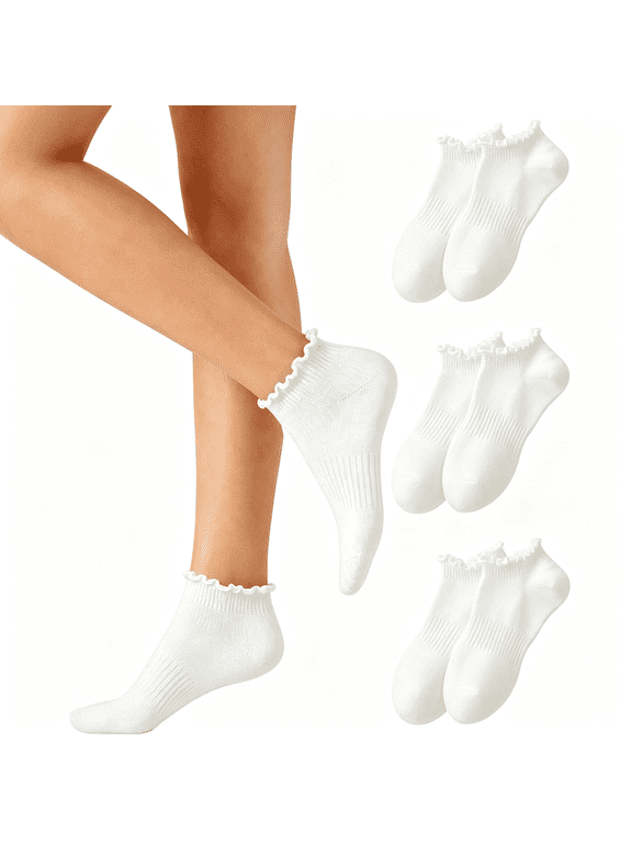 No Show Socks Womens Cute Ruffle Ankle Socks Low Cut Frilly Non Slip Cotton Sock 3/6 Pairs Cute Ruffle Ankle Socks White Ruffle Socks