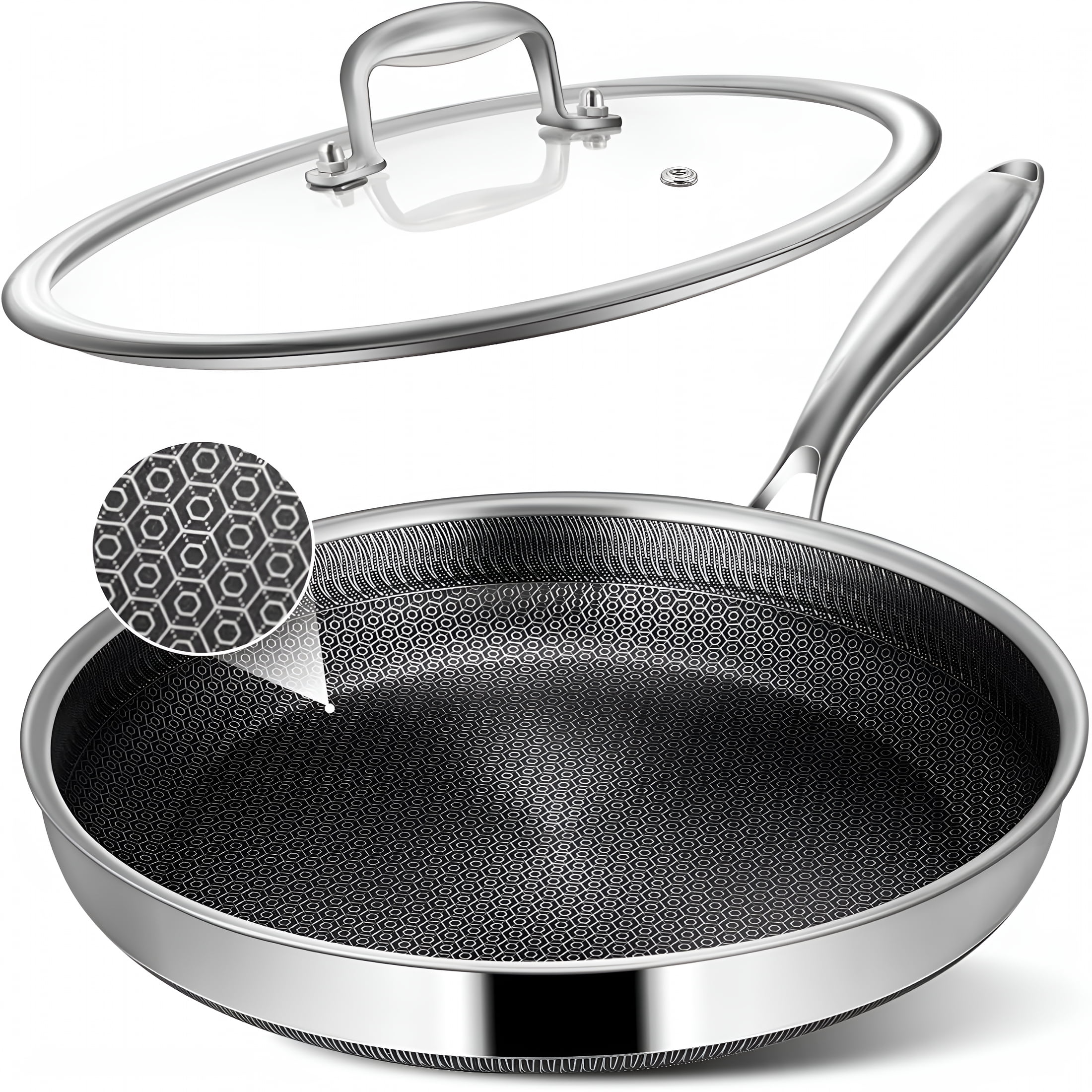 ACDANC Non Stick Frying Pans,12 Inch with Lid,Hybrid Frying Pans Nonstick Stainless Steel Skillets,Dishwasher & Oven Safe,Stay Cool Handle,Compatible with All Cooktops