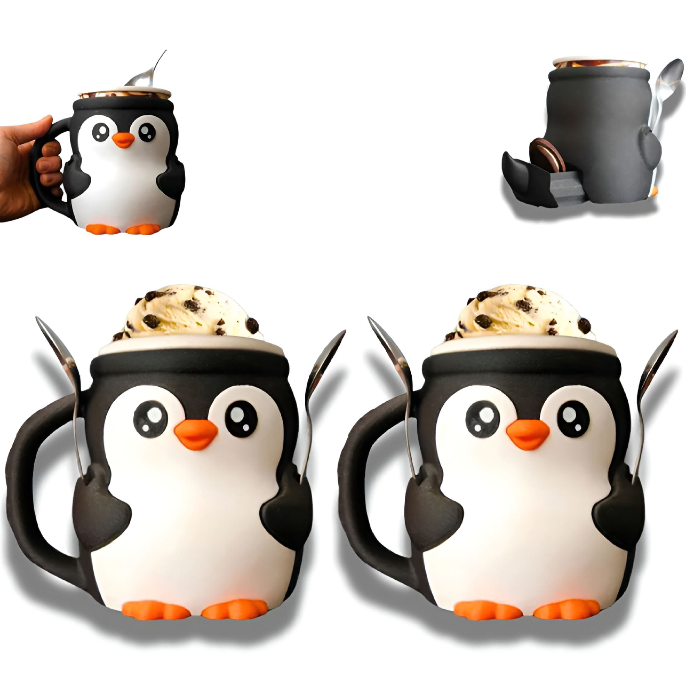 ACDANC Penguin Pint Size Ice Cream Holder - Reusable Cute Design with Spoon Slot&Cozy Handle (2PCS)