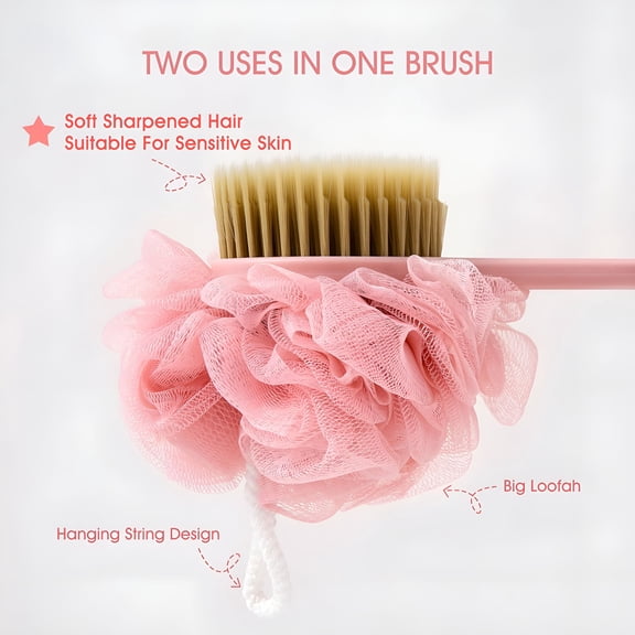 ACDANC Pink Back Brush Long Handle for Shower Body Brush with Bristles and Loofah 2 in 1 Bath Sponge