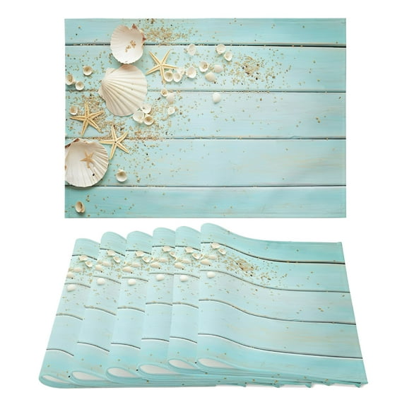 ACDANC Placemats Set of 6,Summer Beach Seashell Non Slip Heat Resistant Linen Fabric Cotton Cloth Place Mats,Blue Wood Board Square Washable Holiday Party Dining Table Mats for Coastal Home Kitchen