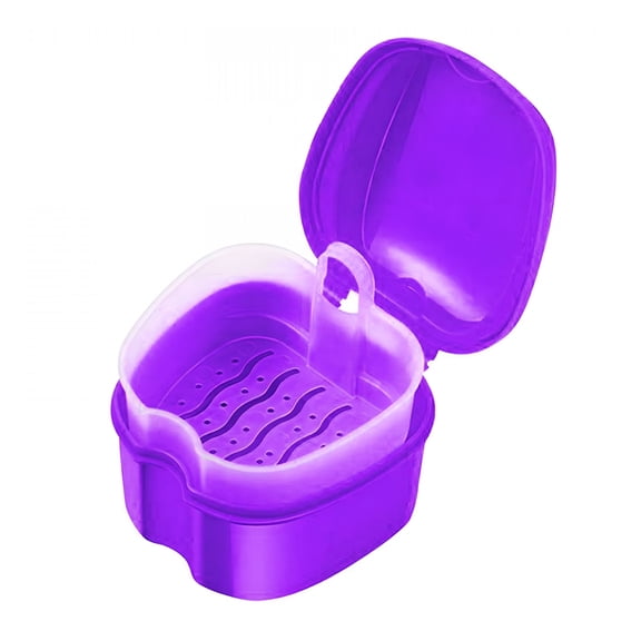ACDANC Plastic Denture Box Purple Denture Bath Case Cup Box Holder Storage Soak Container with Strainer Basket Denture Case for Travel Cleaning