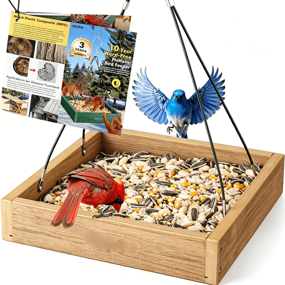 ACDANC Platform Bird Feeder Tray,Chew Proof Bird Feeders for Outdoors Hanging,Flat Birdfeeder Tray with Large Capacity 3Lbs,Recycled Plastic&Cedar Look,Waterproof,10.5"X10.5",Raw