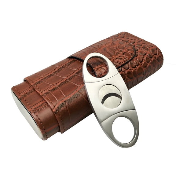 TENIRO Portable Leather Cigar Box,Humidor Case with Stainless Steel Cutter,Brown