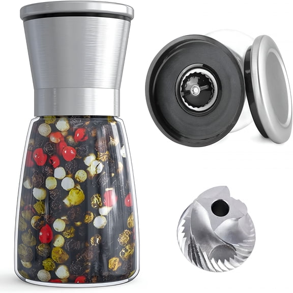 ACDANC Professional Pepper Grinder-With Hardened Carbon Steel Mechanism Rotor,Refillable Pepper Mill 6Oz Glass Adjust Coarseness(1Pcs-Sliver-304