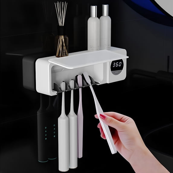 ACDANC Purple Light Toothbrush Sanitizer,4-Slot Toothbrush Dryer for Bathroom,No Drill Installation,Hot Wind and Uv Light Function for Clean Toothbrush Storage,Ideal for Family and Guest Use
