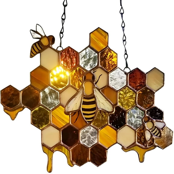 ACDANC Queen Honey Bee Suncatcher Decor Happy Bee Day Sign Door Hanger Bee Suncatcher Honeycomb Hanging Decor Bumble Bee Hive Decor for Farmhouse Garden Party Supplies