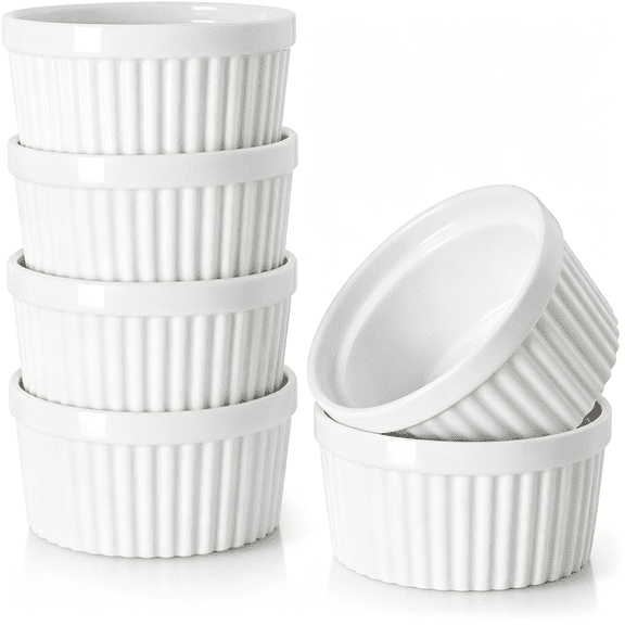 ACDANC Ramekins 6 oz Ceramic Ramekins Set of 6,Oven Safe Souffle Dishes for Air Fryer Baking,Mini Round Baking Cups for Creme Brulee,Dipping Sauces,Desserts and Prep Bowls,White