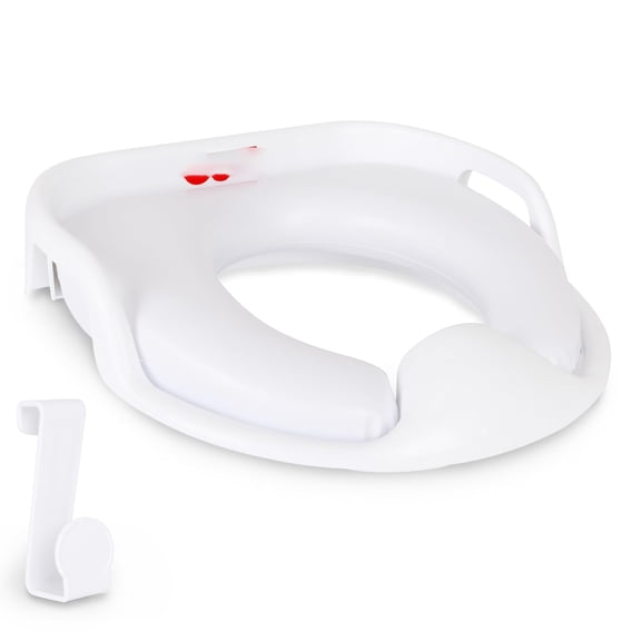ACDANC Ready & Steady Potty Seat U2013 Deluxe Soft Padded Potty Ring with Handles, Splash Guard, and Storage Hook for Toddlers Potty Training, White Secure Potty Training Toilet Seat
