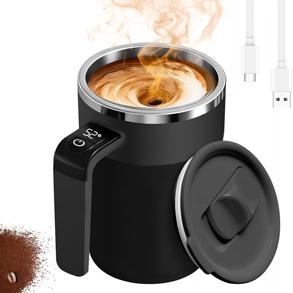 ACDANC Rechargeable Self-Stirring Coffee Mug with Temperature Display,13.5Oz 316 Stainless Steel Auto Stir Cup,Leakproof Insulated Mug for Coffee/Milk/Protein Shakes,Home Office Travel (Black)