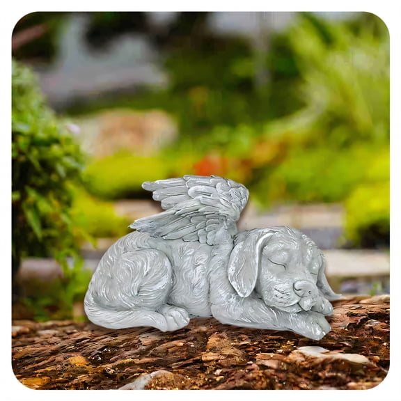 ACDANC Resin Angel Dog Garden Statue, Sleeping Puppy Sculpture with Stone Texture Finish, Weather Resistant Outdoor Decor for Lawn, Patio, Backyard, Flower Bed