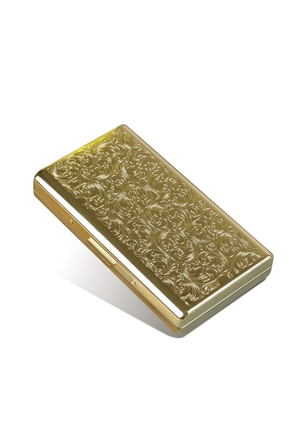 Retro Metal Cigarette Case Box - Double Sided Spring Clip Open Pocket Holder for 14 100mm Cigarettes Credit Card Holder Protective Security Wallet for Men and Women (Golden)
