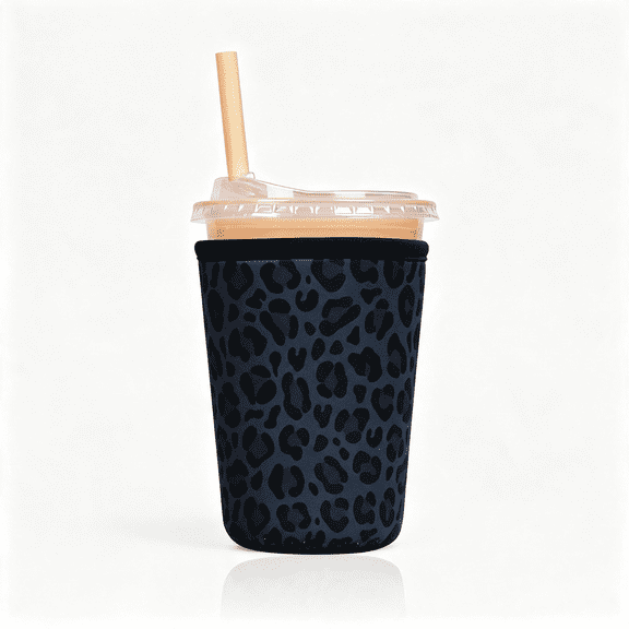 ACDANC Reusable Insulated Sleeve for Iced Coffee Cup,Coffee Neoprene Sleeve for Cold&Hot Drinks,Beverage Holder for Iced Coffee (Charcoal Leopard,Small: 16-18Oz)