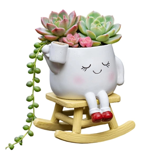 ACDANC Rocking Chair Smiley Face Planter,Cute Plant Pots for Indoor Outdoor Plants,Succulent Pots with Drainage Hole,Unique Funny Flower Pot,Plant Gifts for Mother's Day,Birthday,ChristmasWhite