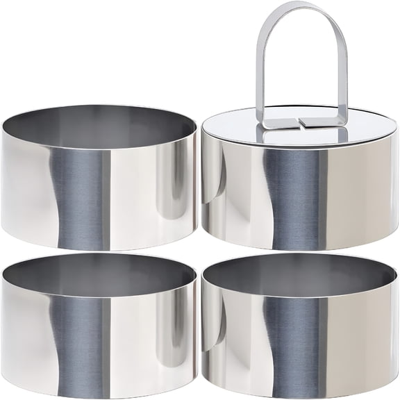 ACDANC Round Cake Ring Mold,Stainless Steel 3" Cooking Crumpet Rings with 1 Pusher & 4 Food Form,Tuna Tartare Mold for Pancake,Salad,Mousse