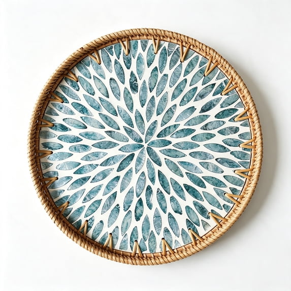 ACDANC Round Rattan Tray with Mother of Pearl Inlay,Wooden Base,Coffee ...