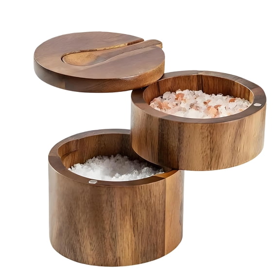 ACDANC Salt Cellar,Double-Layer Acacia Wooden Salt and Pepper Shakers with Spoon,Rotatable Wide-Mouth Spice Containers for Kitchen Storage and Organization