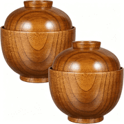 ACDANC Set of 2 Miso Soup Bowls with Lid Wooden Soup Bowls for Home Kitchen Restaurant - Brown