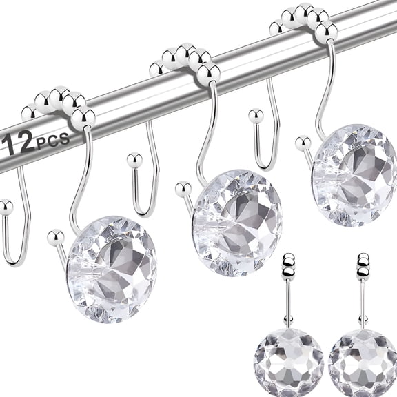 ACDANC Shower Curtain Hooks,Stainless Steel Rustproof Crystal Rhinestones Gem Double Hooks 12-Pack