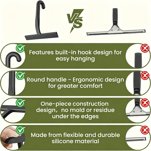 ACDANC Shower Squeegee for Glass Doors - 10 Inch Ergonomic Round Grip,All-In-One Silicone Design with Built-In Hook for Easy Hanging,Efficient for Bathroom,Tile Wall,Car