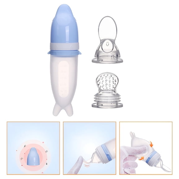ACDANC Silicone Baby Rice Cereal Bottle, 50ML Squeeze Food Feeder with Spoon, Infant Training Bottle for Travel, Blue