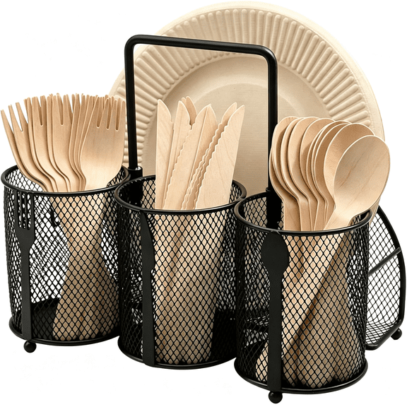 ACDANC Silverware Organizer Utensil Caddy-4 Compartment Metal Cutlery Holder Flatware Storage Basket Fork Spoon Napkin Paper Plate Kitchen Countertop Party Picnic Camping Buffet Outdoor (Black)