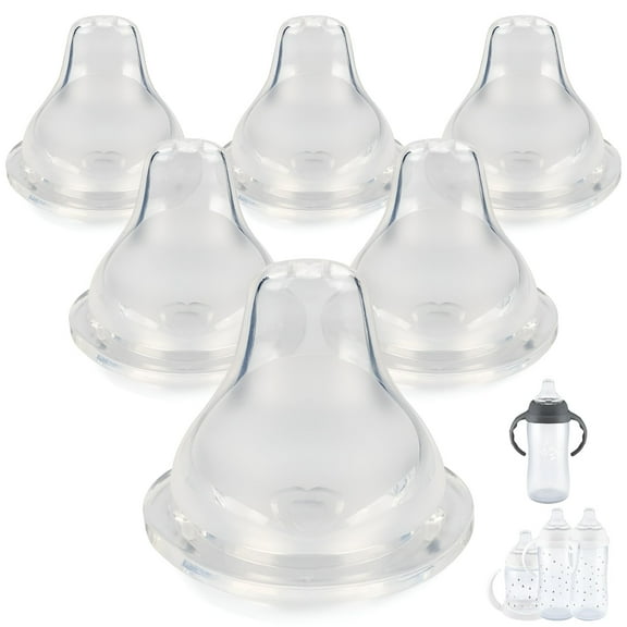 XIRQI Sippy Cup Nipples, Variable Flow, Silicone Replacement Nipple, 6+ Months, 6 Count