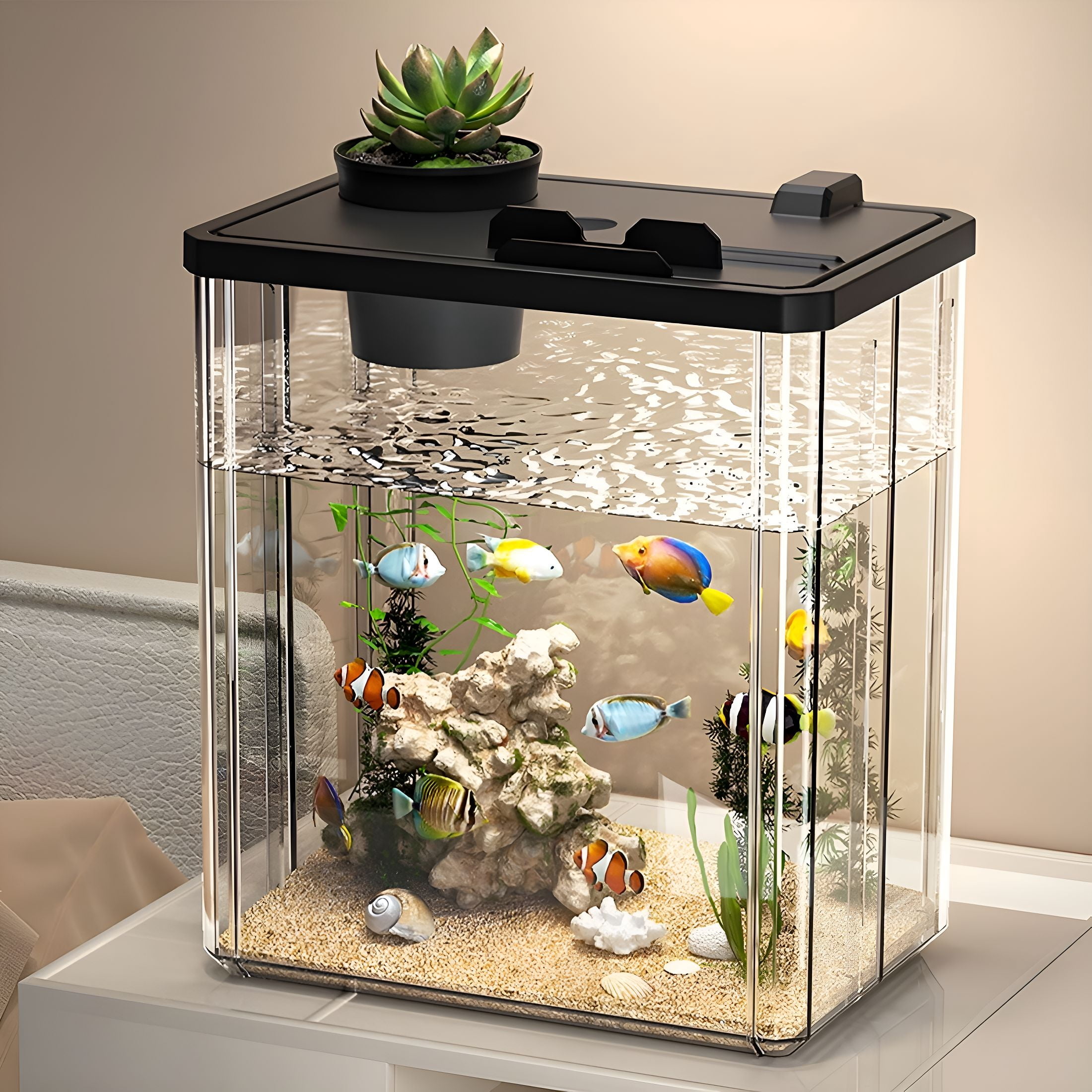 ACDANC Small Fish Tank, Betta Fish Tank Desktop Mini Fish Bowl with Pump, LED Light, Simulated Water Plants for Home Office Tabletop