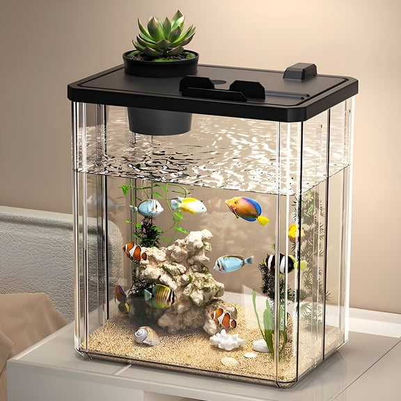 ACDANC Small Fish Tank, Betta Fish Tank Desktop Mini Fish Bowl with Pump, LED Light, Simulated Water Plants for Home Office Tabletop