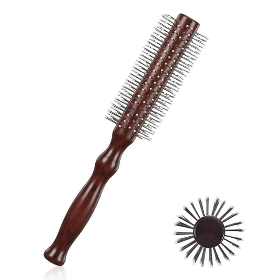 ACDANC Small Round Brush for Short Hair, Men Beard Brush, Roller Brushes for Blow Drying, Professional Smoothing and Curling Brushes, Reddish Brown Wood Boar Bristle Brushes for Women