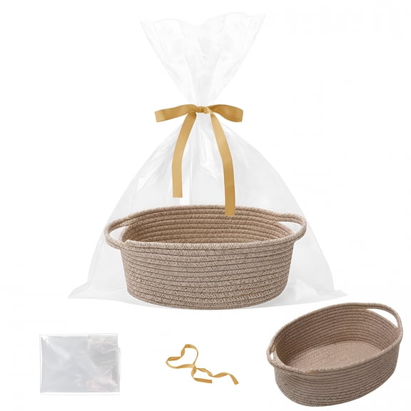 ACDANC Small Woven Rope Basket-Empty Gifts Basket with Bag and Ribbons,Cute Handle Organizer Box for Birthday/Baby Shower,Toy Storage,Nursery Organizing&Shelf Decor (Mixed Brown)