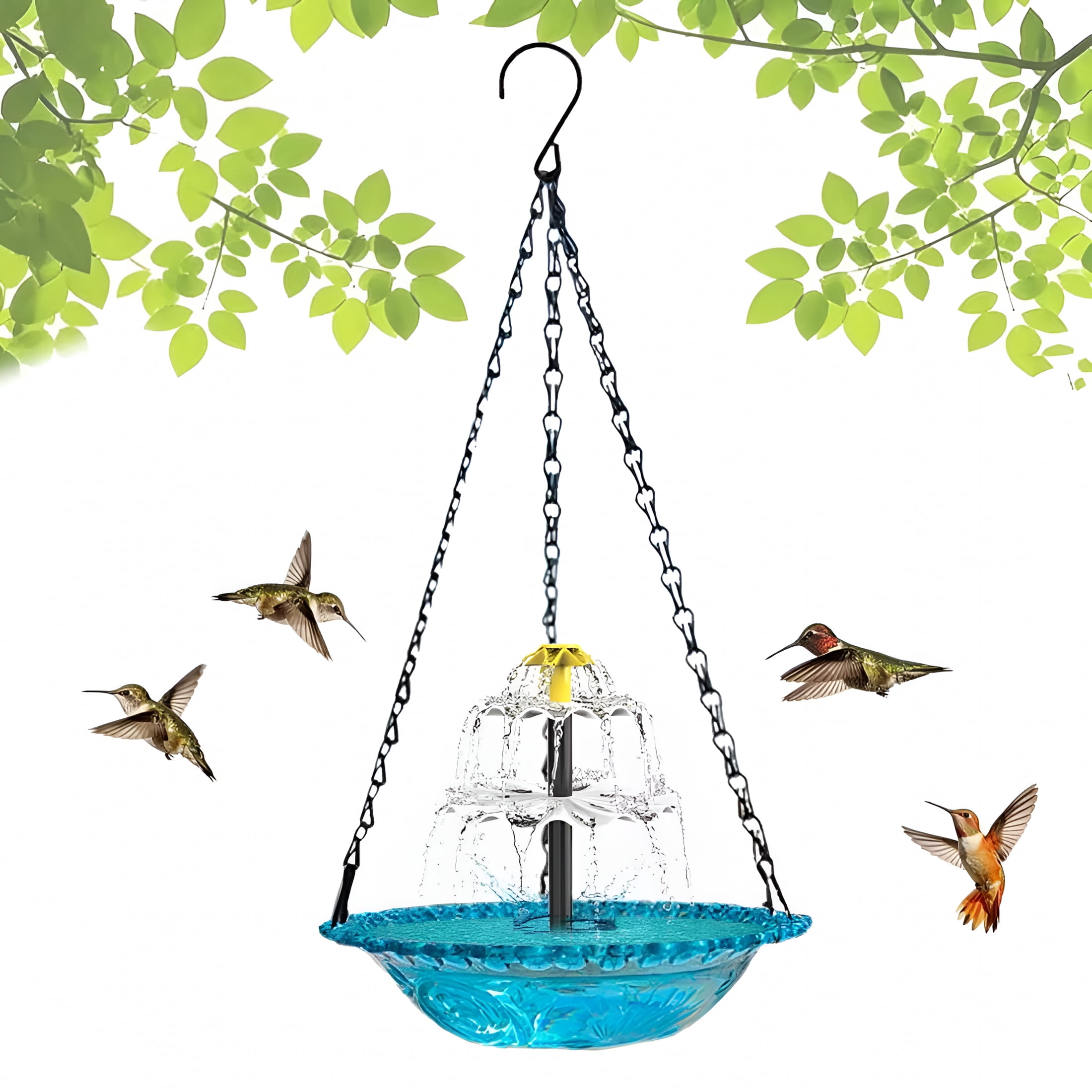 ACDANC Solar Cascade Hanging Bird Bath Fountain, Outdoor Hanging Bird Bath with Solar Pump Glass Bowl, Large Humming Birds Bath for Outdoor Garden Yard Patio Decoration, Blue